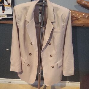 Boohoo Cream Double-Breasted Relaxed Fit Tailored Blazer